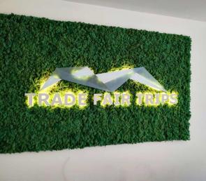 Green moss logos and branding at the Trade Fair Trips office