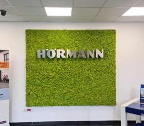 Green wall with stainless steel logo